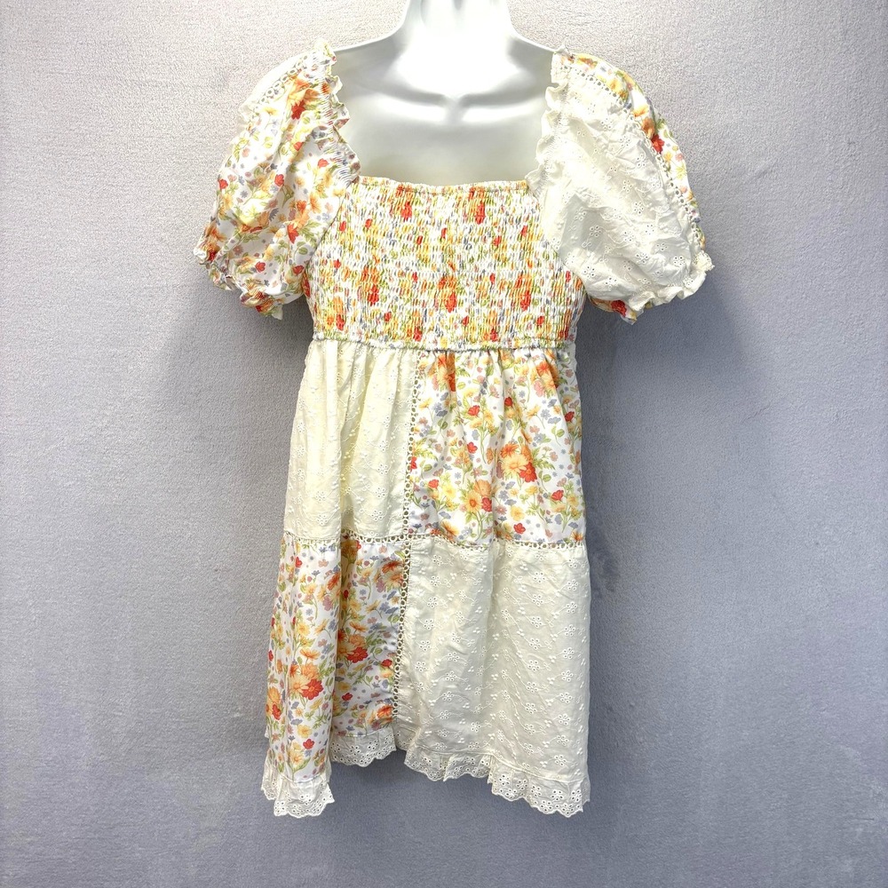 Milkmaid Floral Patchwork Sundress Womens Medium Smocked Puff Sleeve Cottagecore - Picture 2 of 11